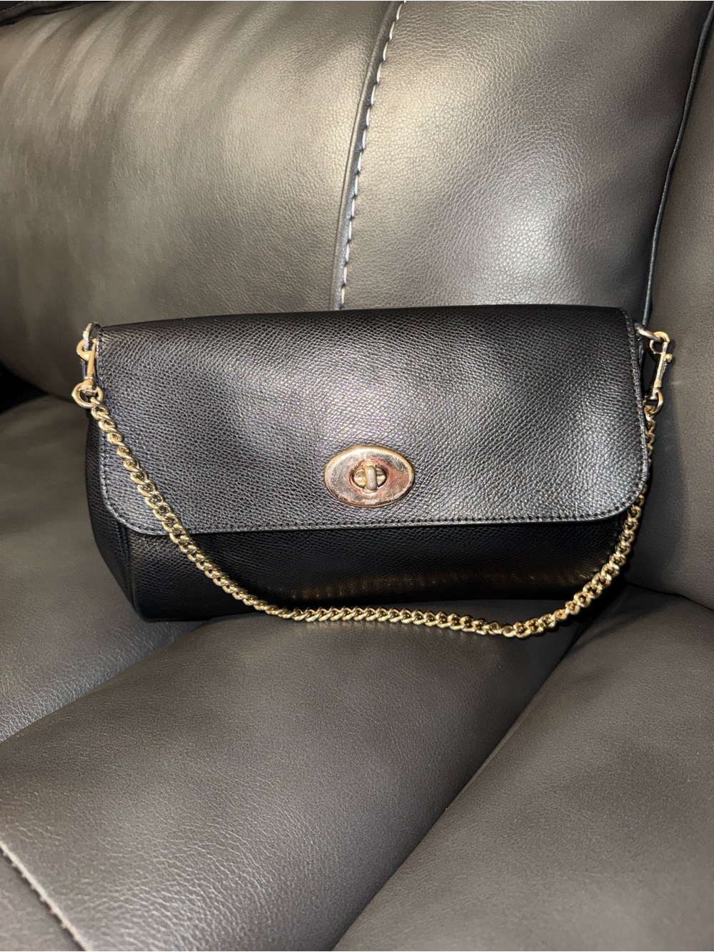 Coach Black Leather Crossbody with Gold Chain
